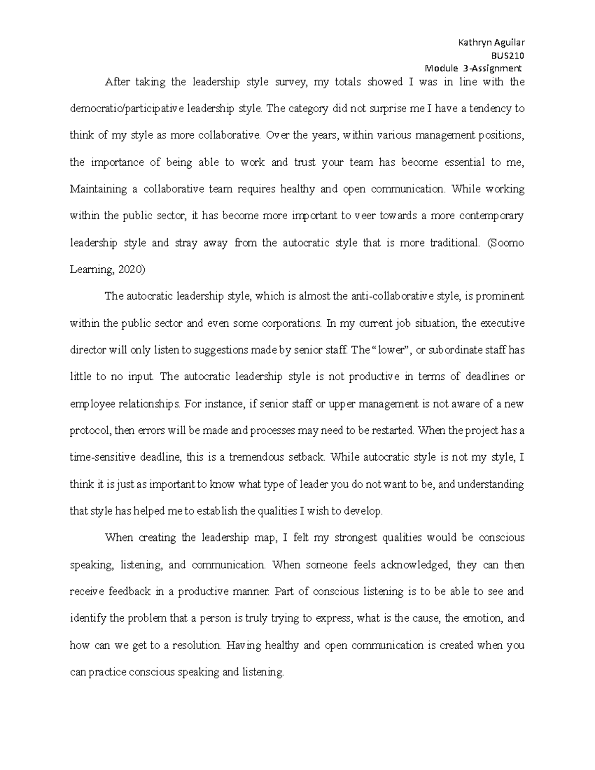 BUS210-Mod3 - Leadership Survey Analysis - Kathryn AguilarBUS Module 3 ...