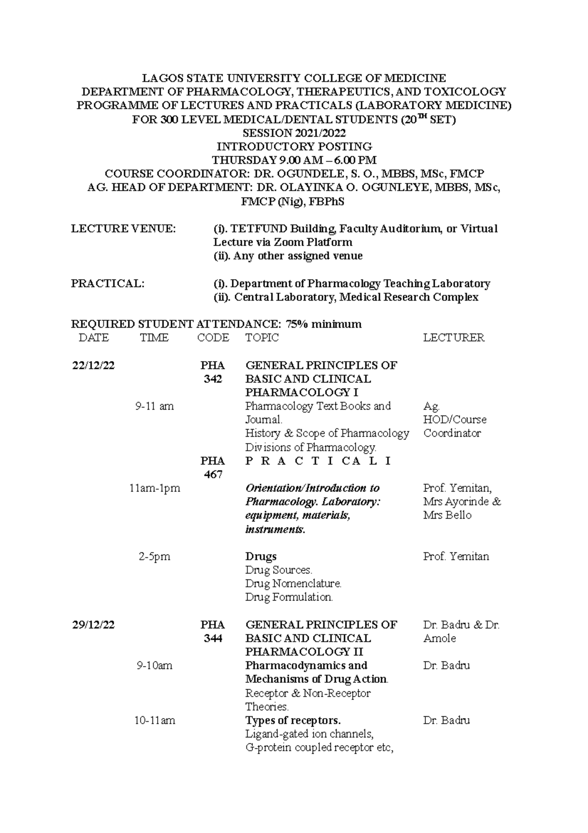 MBBS and BDS Introductory Posting in Pharmacology 300L 20TH SET-Dec22 ...