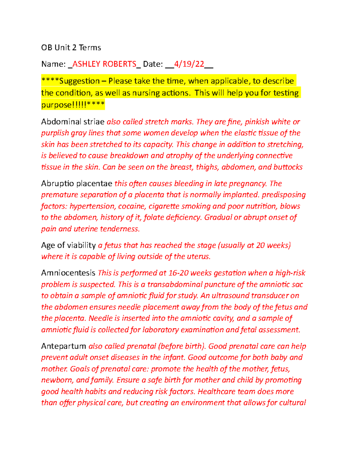 Ashley Roberts - OB Unit 2 Terms - OB Unit 2 Terms Name: ASHLEY ROBERTS ...