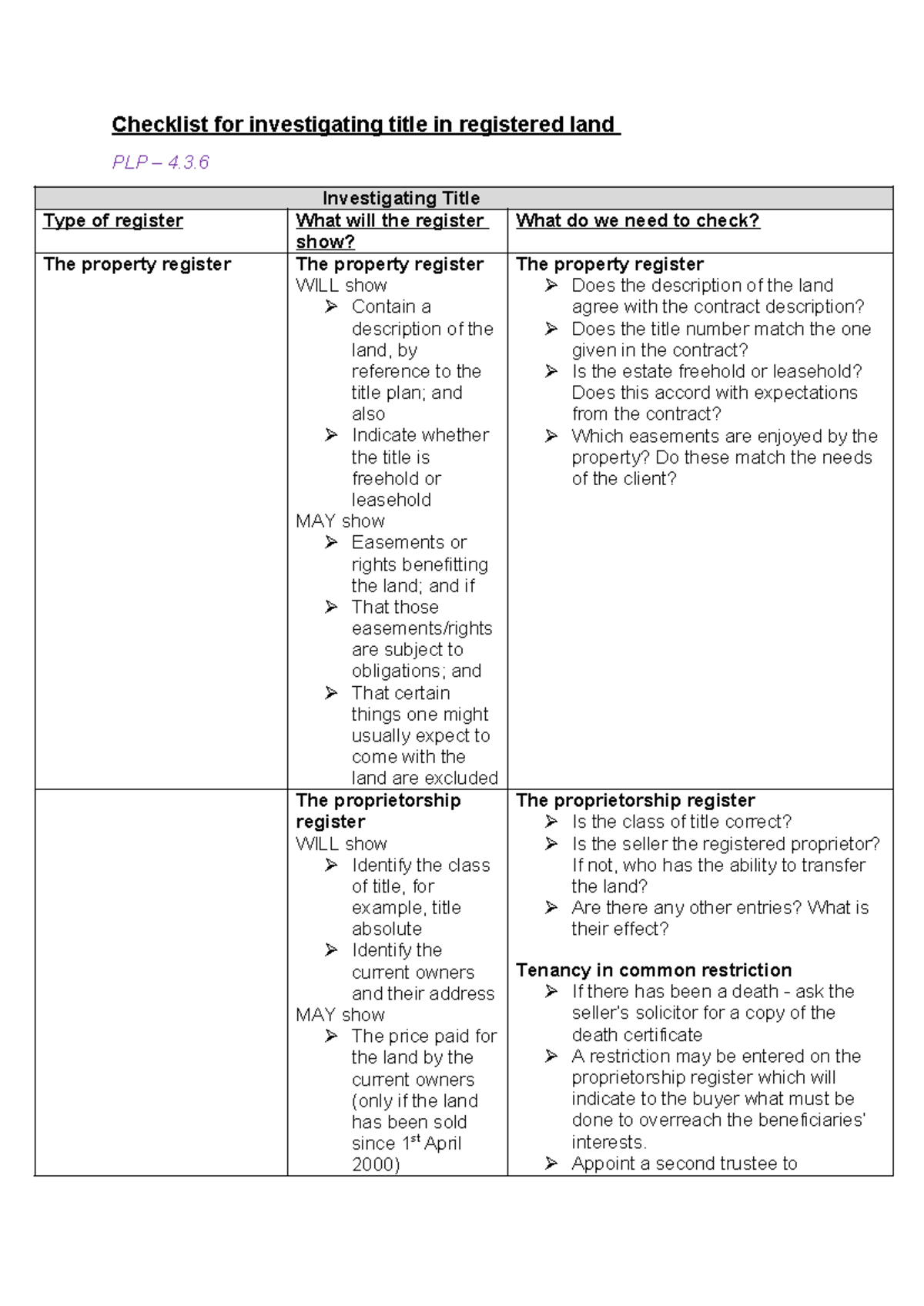 Checklist for investigating title in registered land - Investigating ...