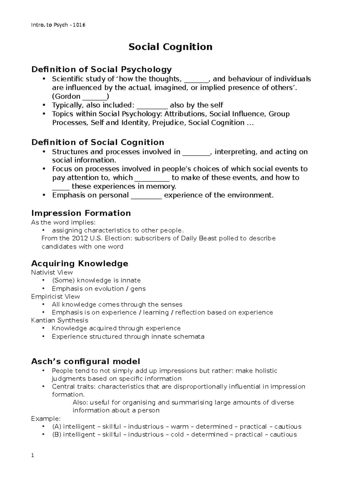 Social cognition - Lecture notes for Philip Higham content - Social ...