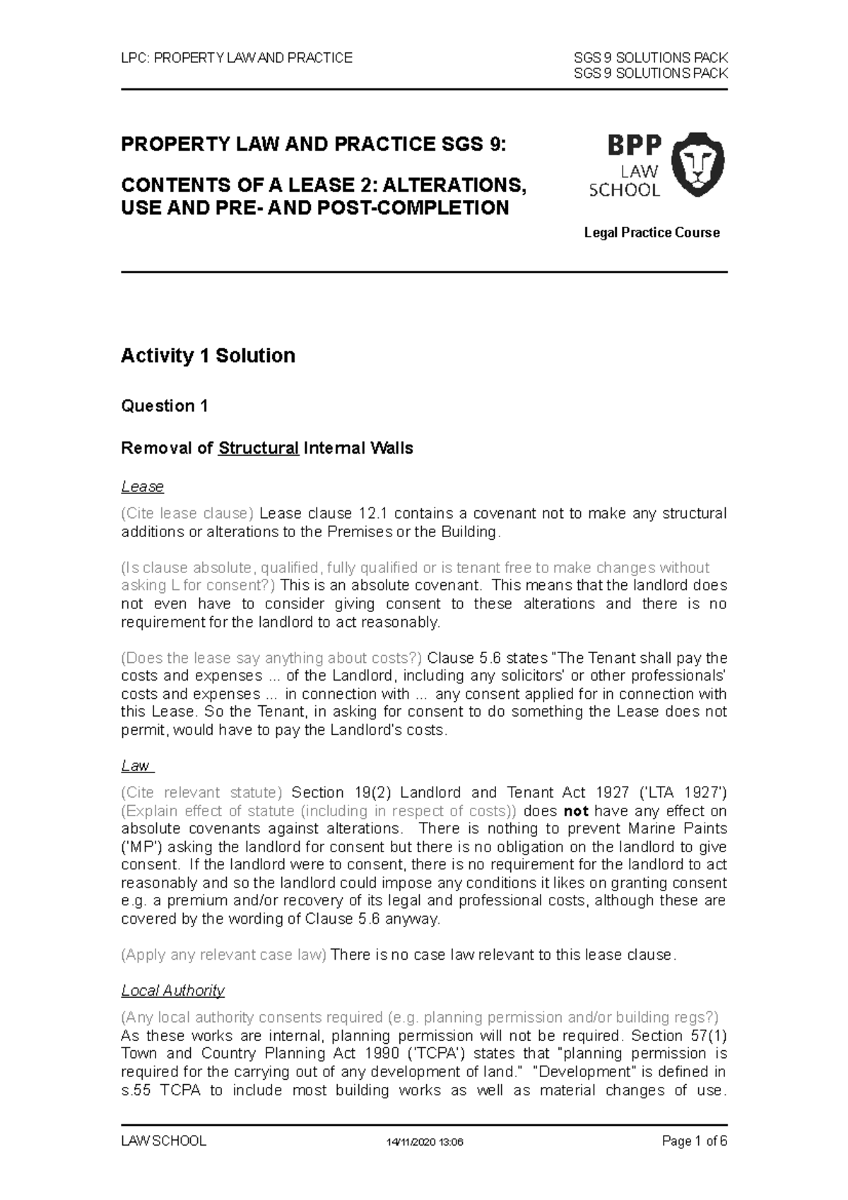 Property SGS 9 Solutions Pack 20222023 LPC PROPERTY LAW AND