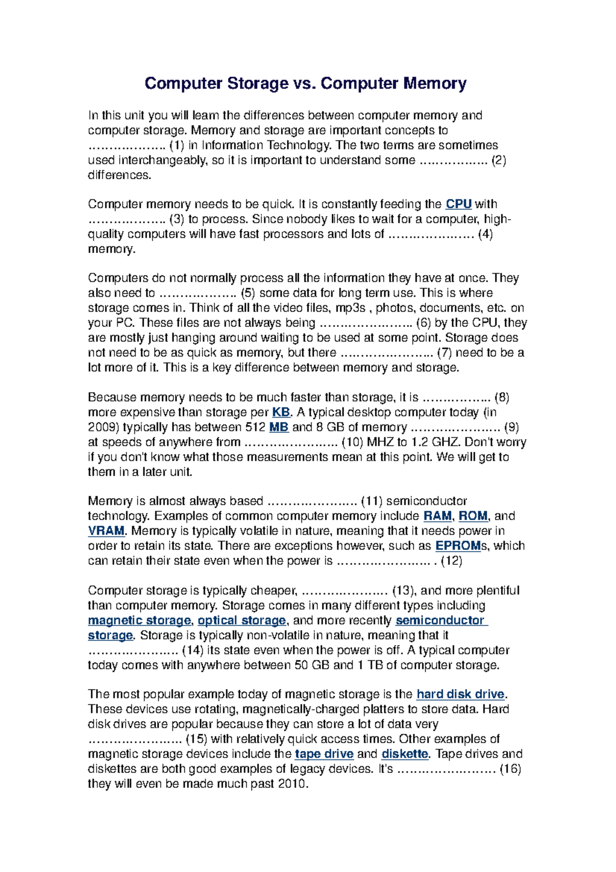Seminar assignments - computer storage vs memory storage - Computer ...