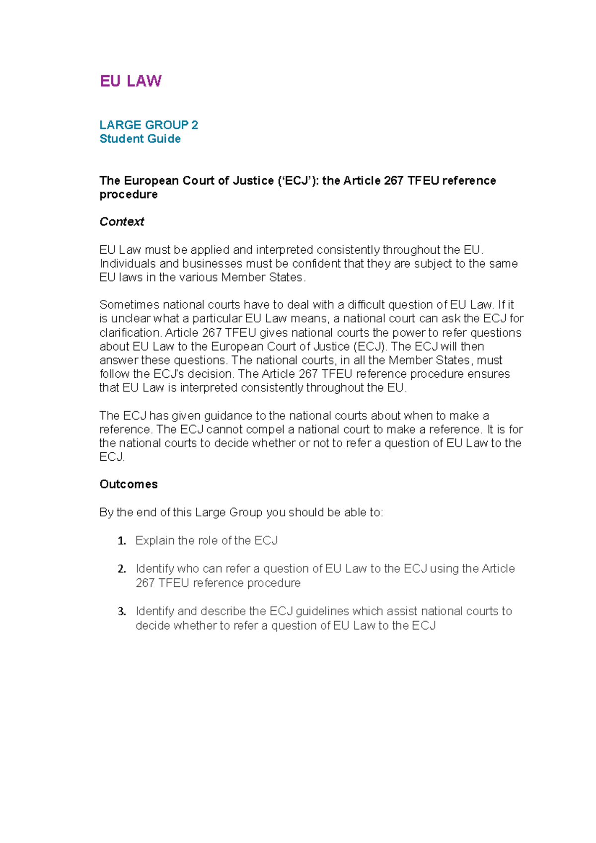 EU LAW Large Group 2 Student Guide - EU LAW LARGE GROUP 2 Student Guide ...