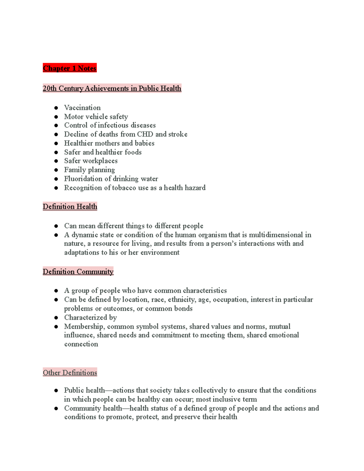 PBHE Notes - Chapter 1 Notes 20th Century Achievements in Public Health ...