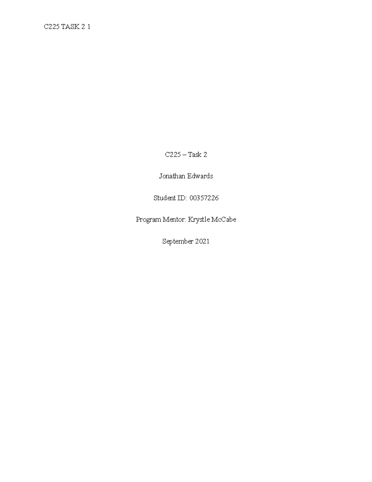 C225-assessment task 2 - Pass - C225 – Task 2 Jonathan Edwards Student ...
