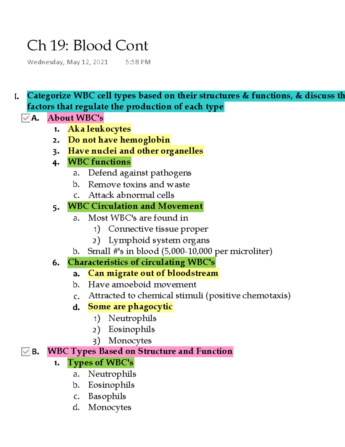 Ch 19 Blood Cont - Lecture notes 8 - Categorize WBC cell types based on ...