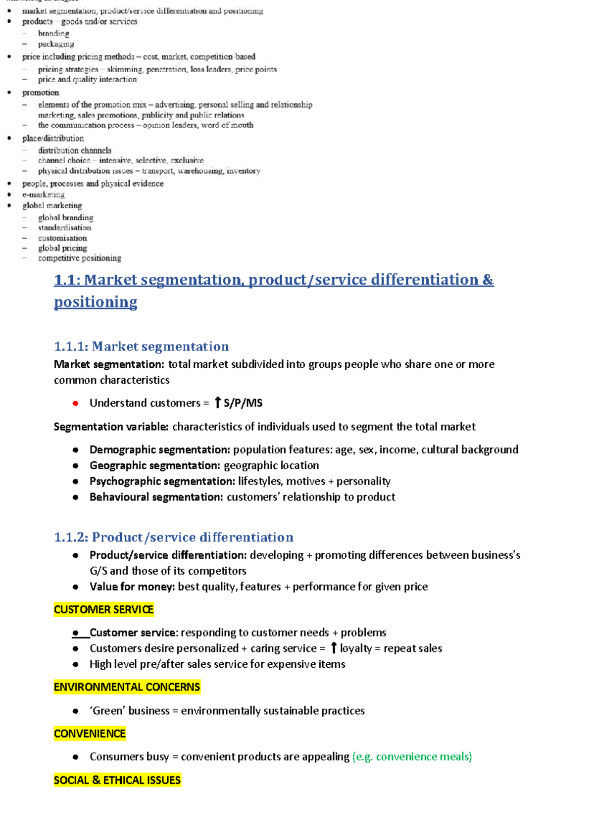 CH8 Marketing Strategies Notes - 1: Market segmentation, product ...