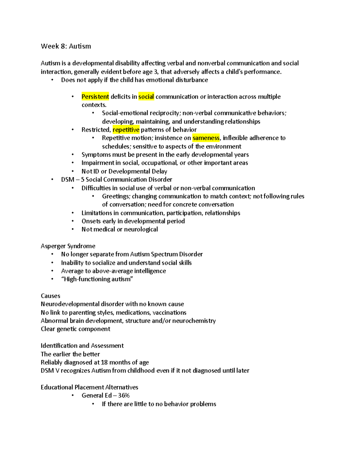 Week 8 slides notes - Week 8: Autism Autism is a developmental ...