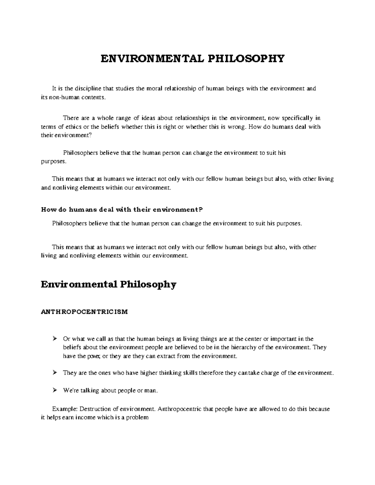 IPHP Q1E8 Environmental Philosophy - ENVIRONMENTAL PHILOSOPHY It Is The ...