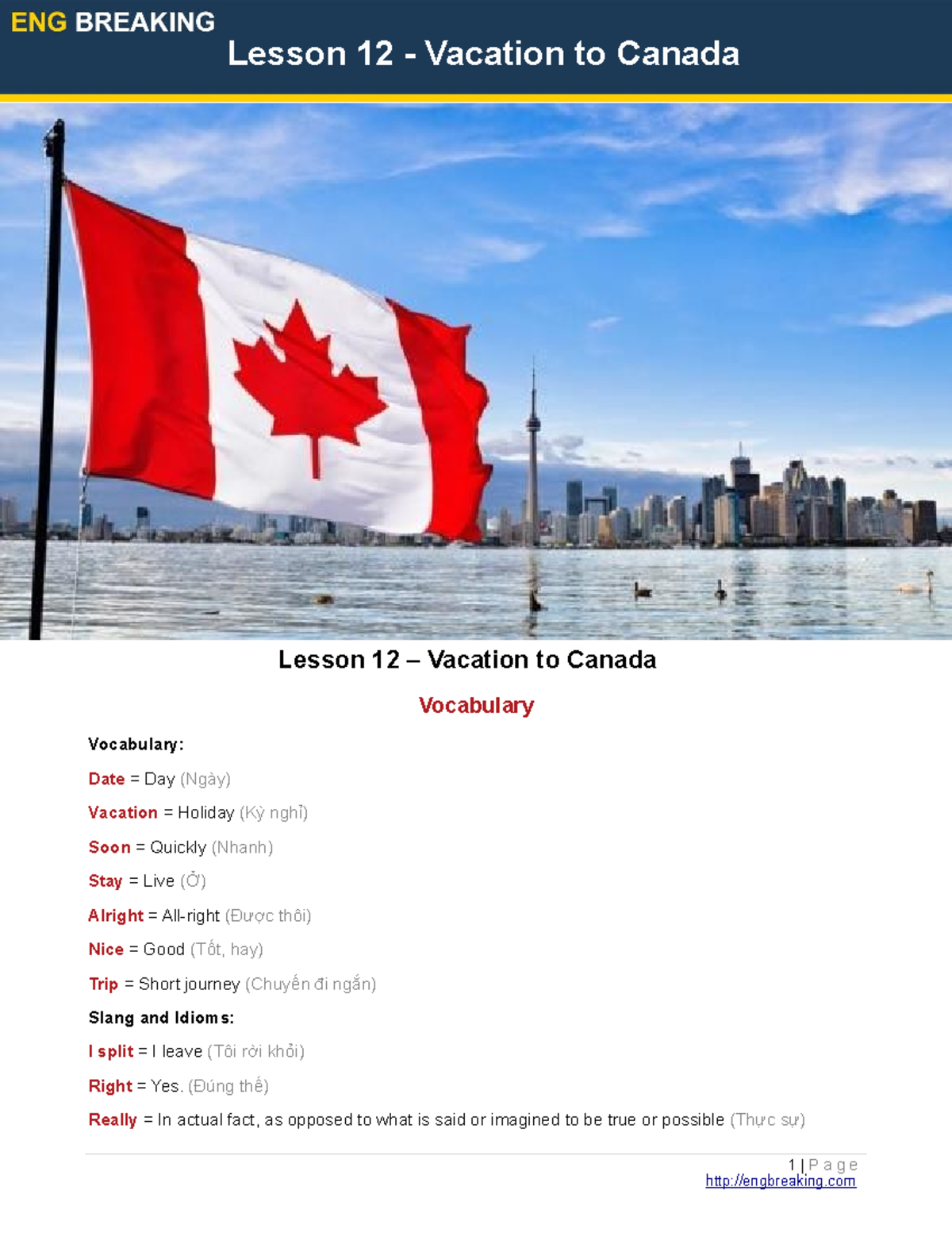 Lesson 12++Vacation+to+Canada++Translate 1 P a g e engbreaking