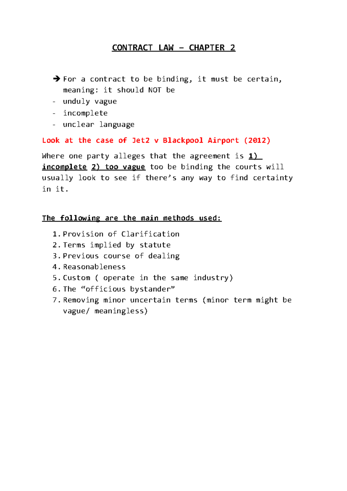 Contract law important notes - CONTRACT LAW – CHAPTER 2 For a contract ...