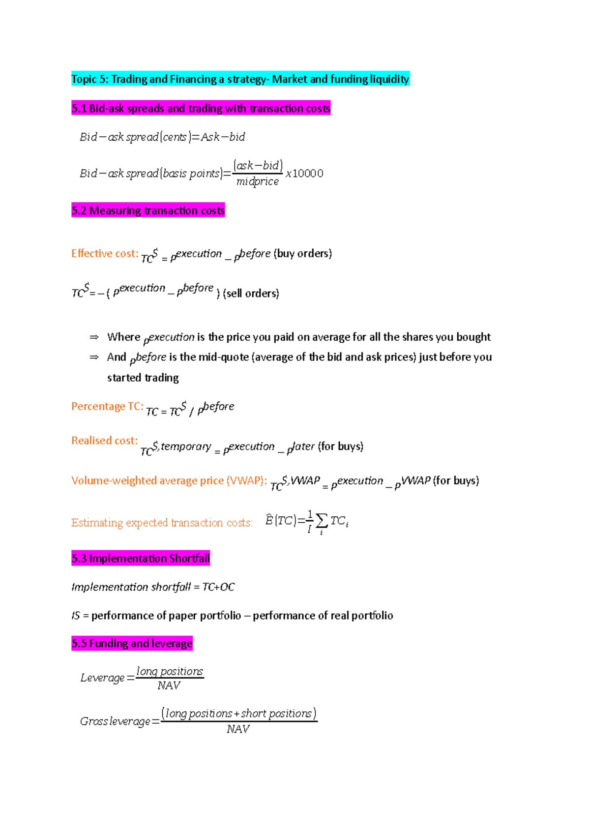 5 equations - Topic 5: Trading and Financing a strategy- Market and ...