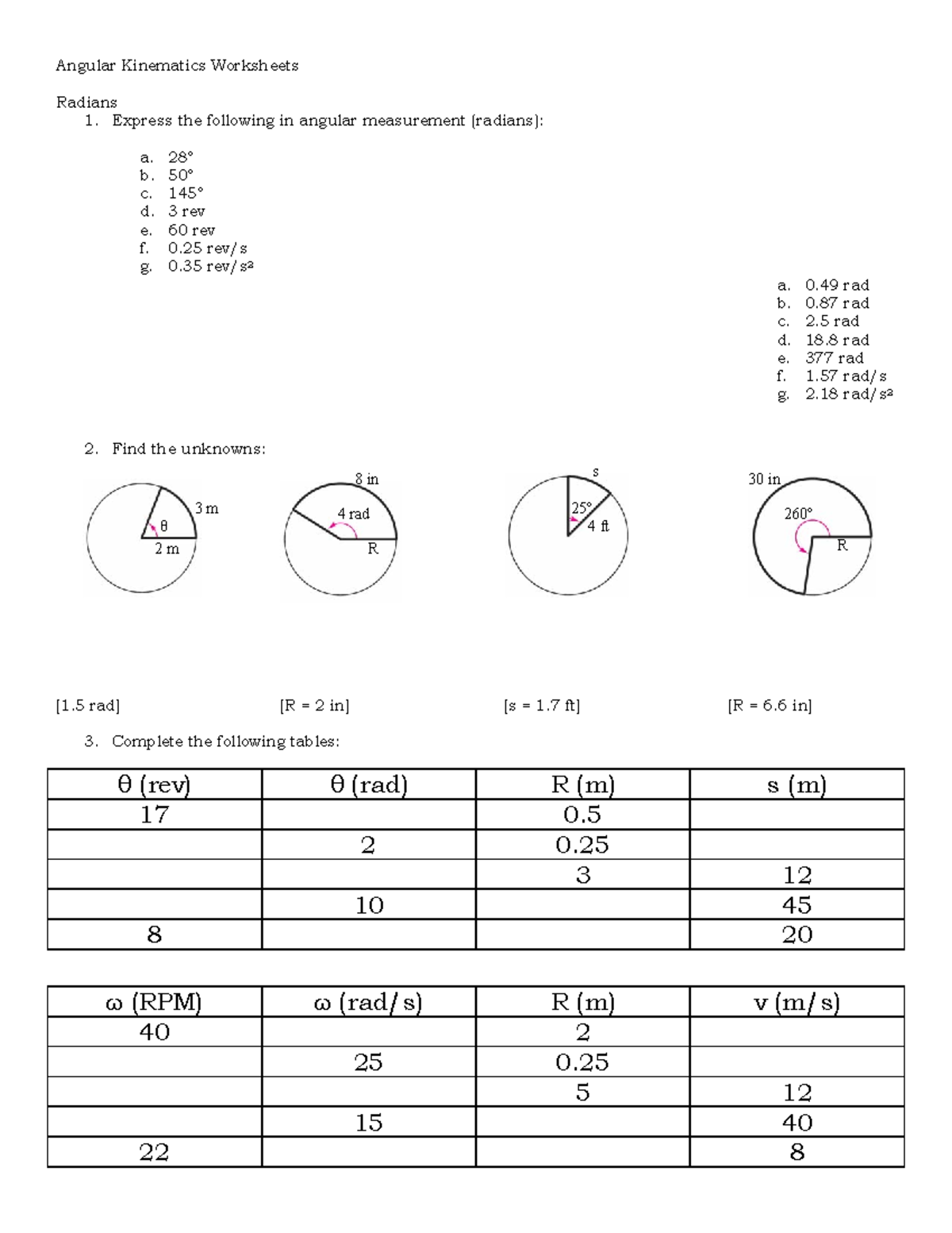 Rotation Kinematics Worksheets Angular Kinematics Worksheets Radians Express The