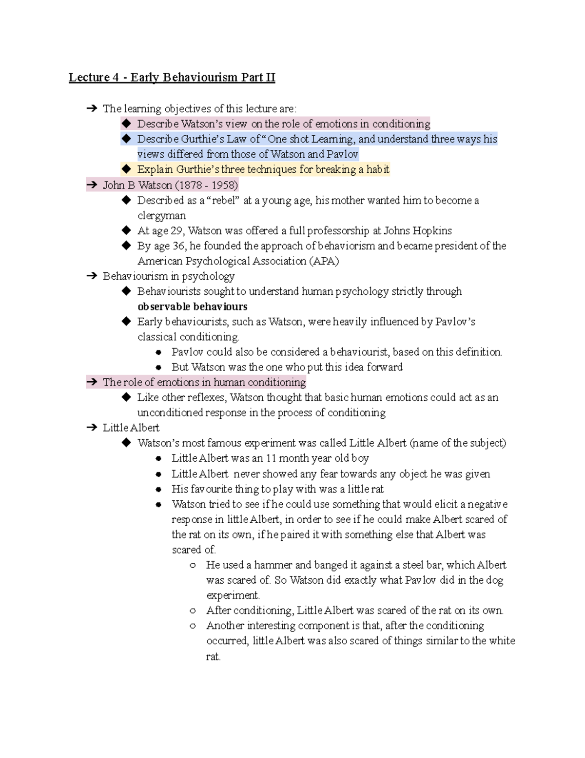 Psych 2gg3 - Lecture 4 notes - Lecture 4 - Early Behaviourism Part II ...