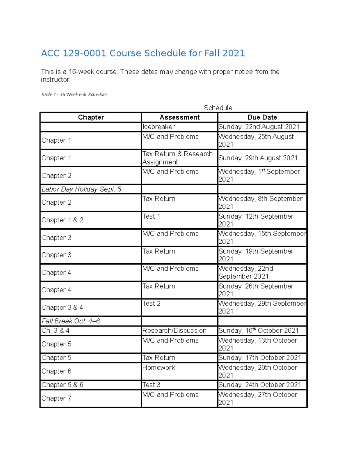 ACC129-Fall2021Course Schedule - ACC 129-0001 Course Schedule for Fall