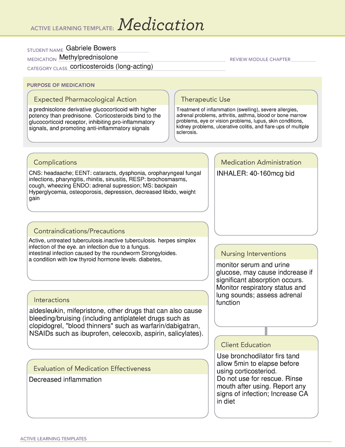 Methylprednisolone Drug Information Sheet ACTIVE LEARNING TEMPLATES 