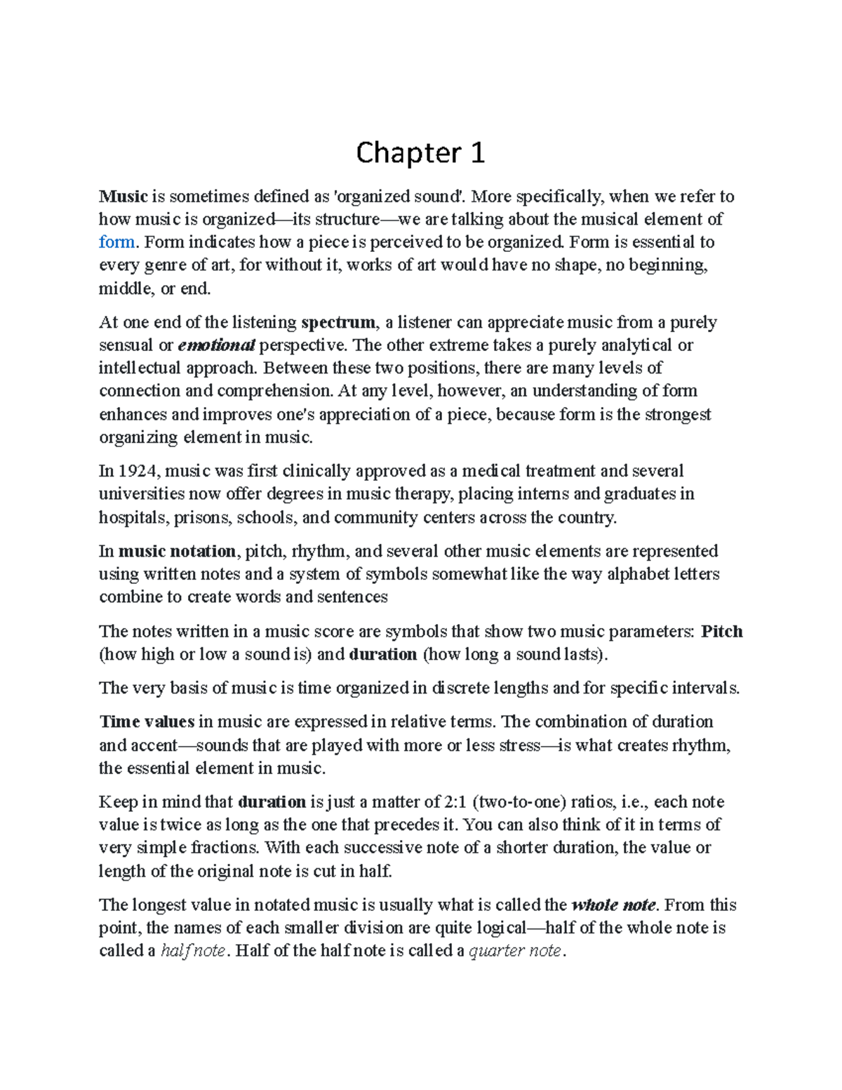 Music Notes - Chapter 1 Music is sometimes defined as 'organized sound ...