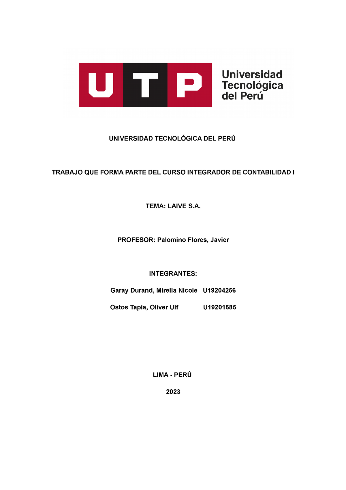 Laive S.A - UNIVERSIDAD TECNOLÓGICA DEL PERÚ TRABAJO QUE FORMA PARTE ...