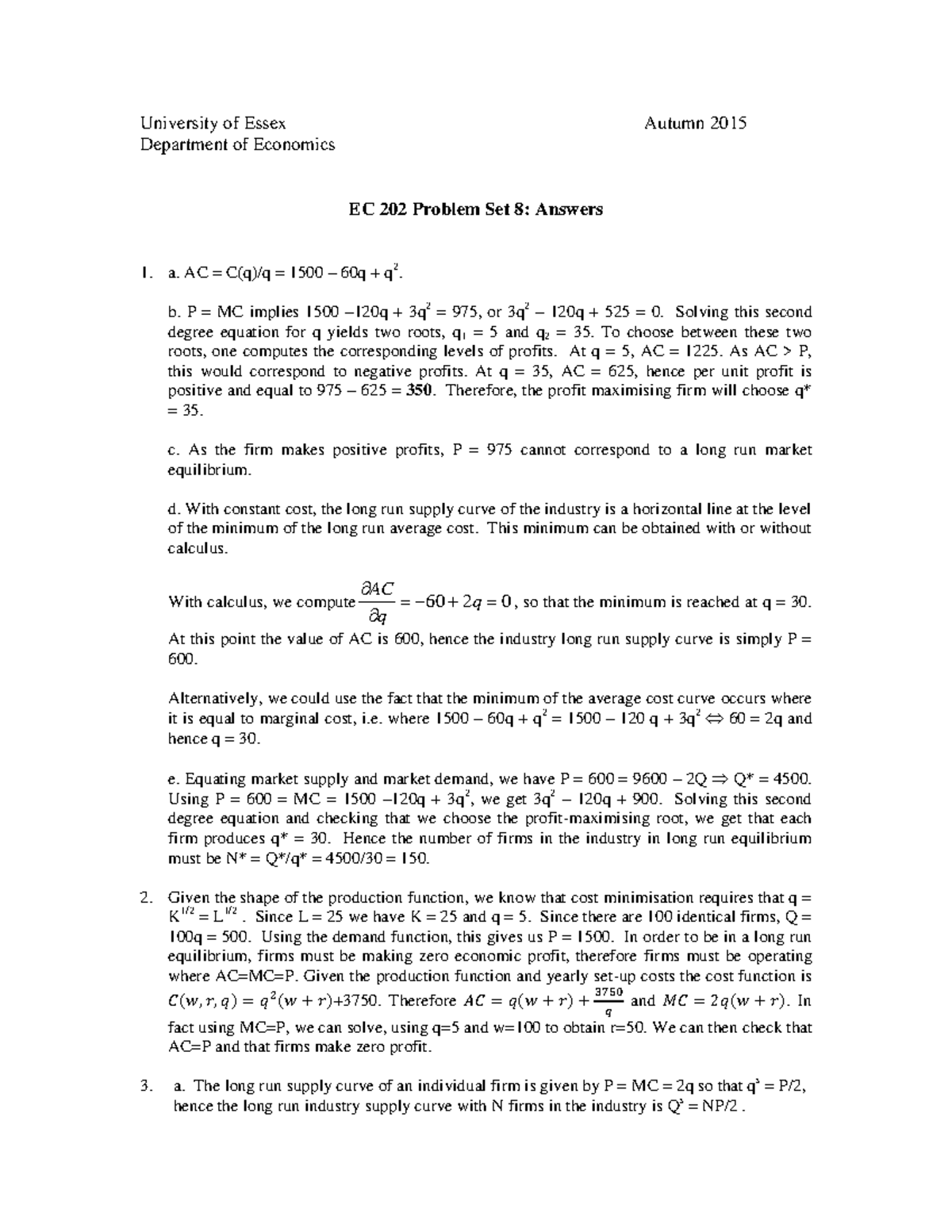 EC202 Problem Set 08 Solution - University Of Essex Autumn 2015 ...