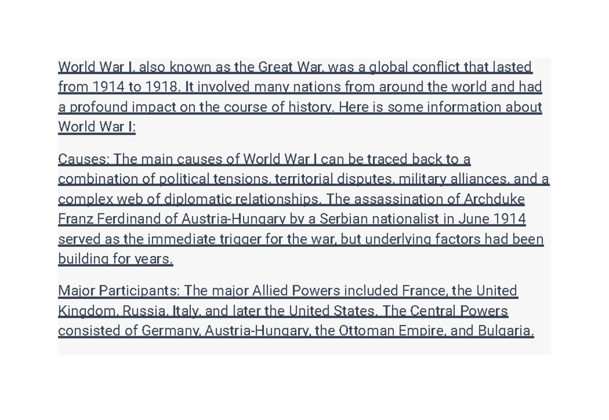 World War 1 notes - World War I, also known as the Great War, was a ...