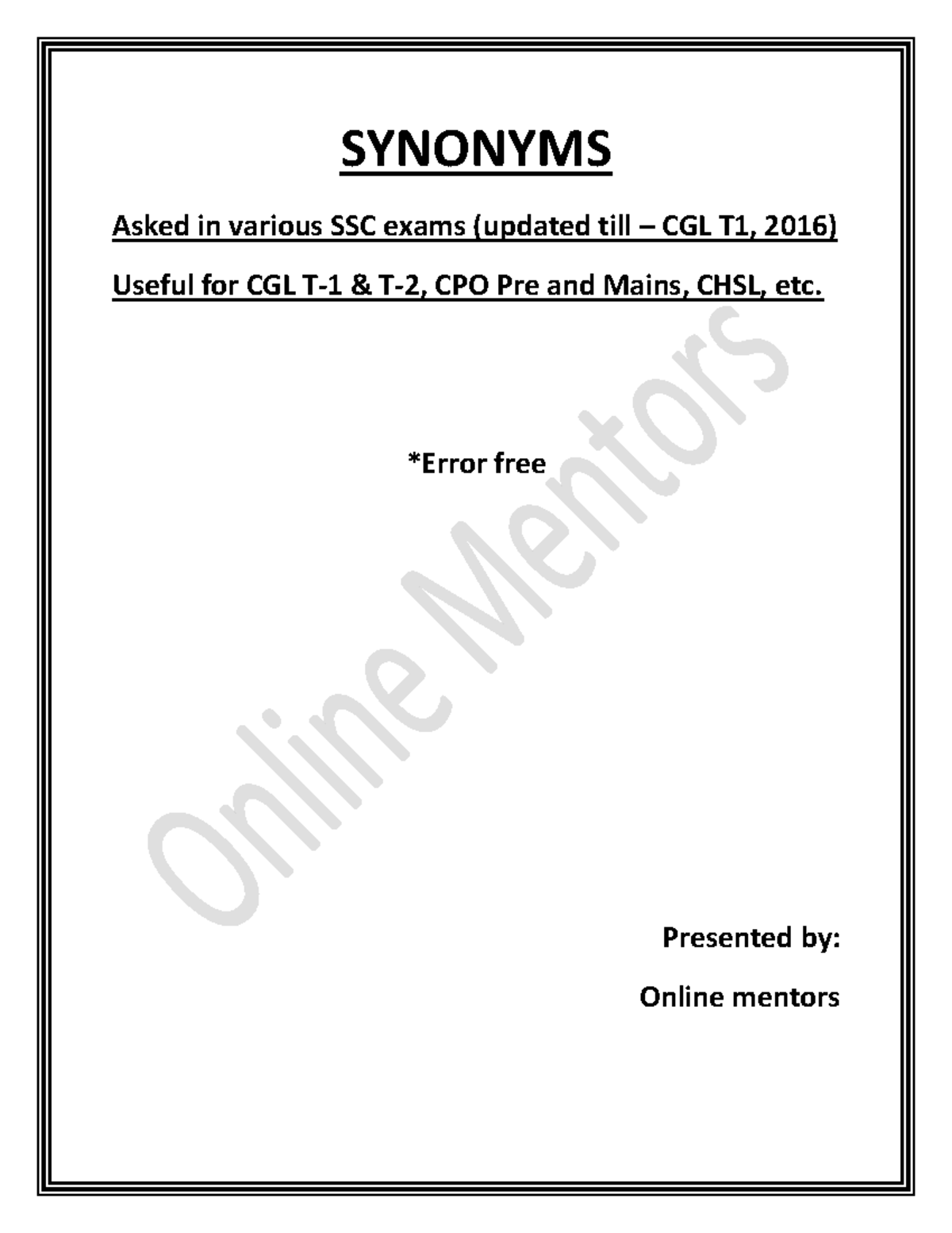 SSC Synonyms till 2016 Asked in various SSC exams (updated till CGL