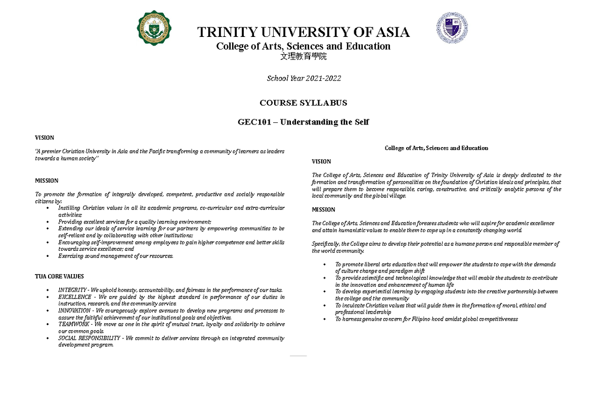 GEC 101 UTS Course Syllabus College of Arts, Sciences and Education