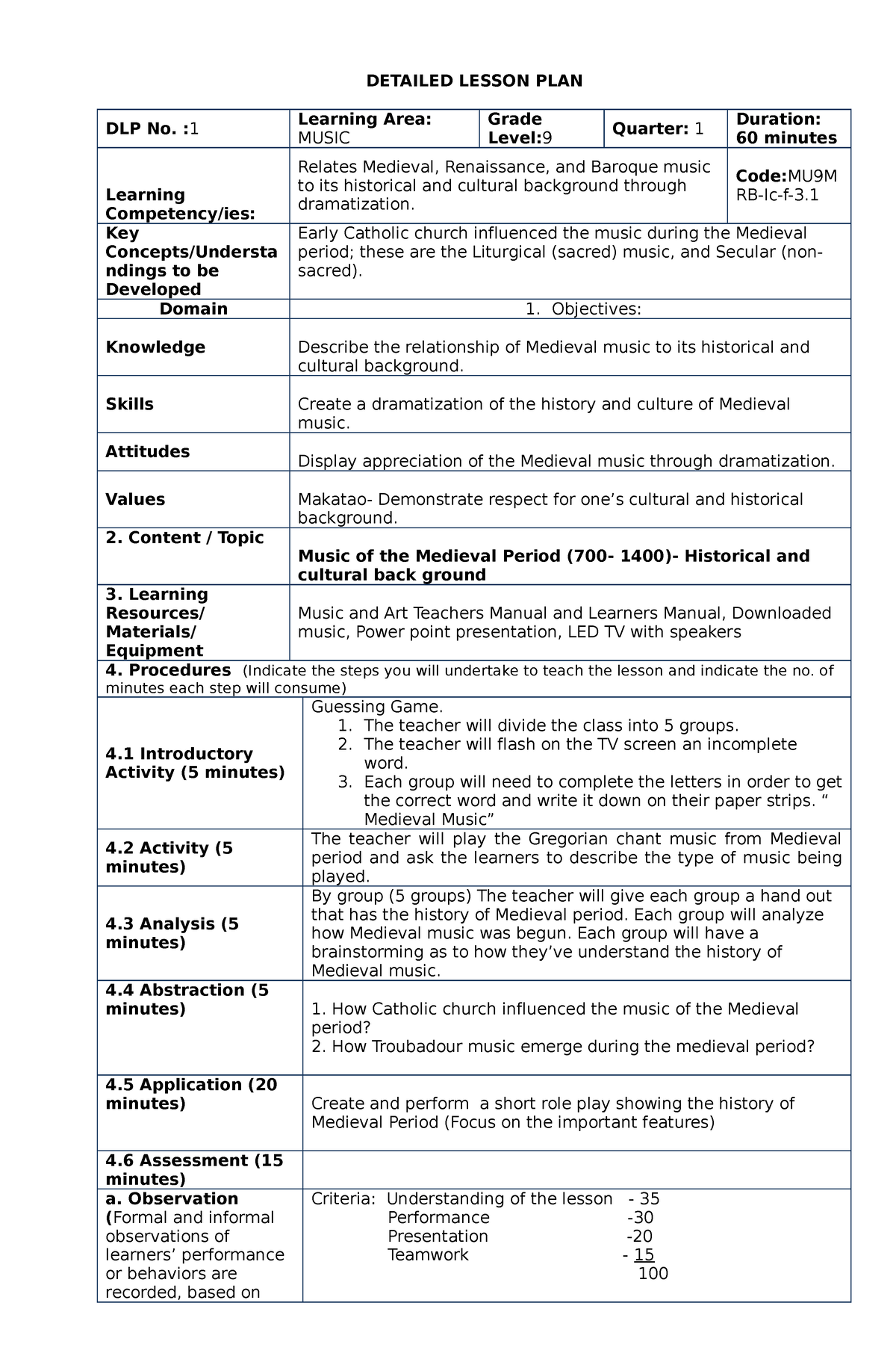 1 MU9MRB-Ic-f-3 - DETAILED LESSON PLAN DLP No. : 1 Learning Area: MUSIC ...