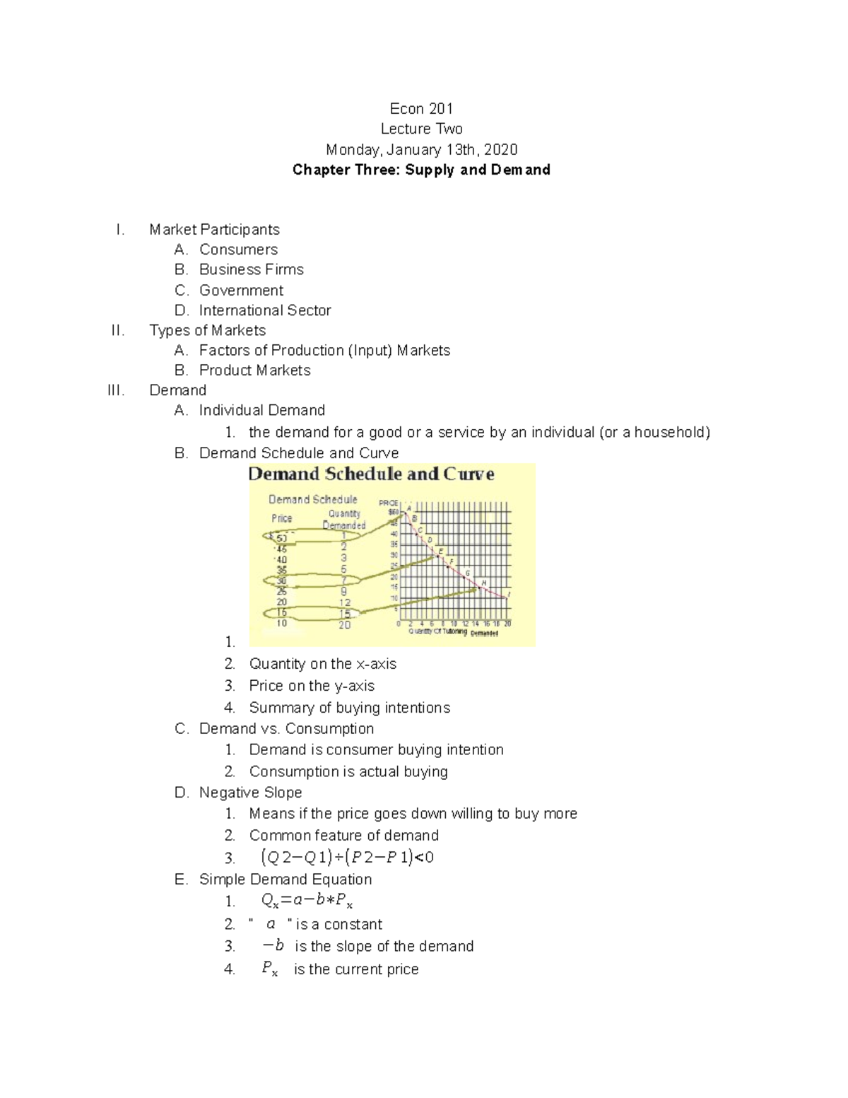 Chapter Three Supply and Demand - Econ 201 Lecture Two Monday, January ...
