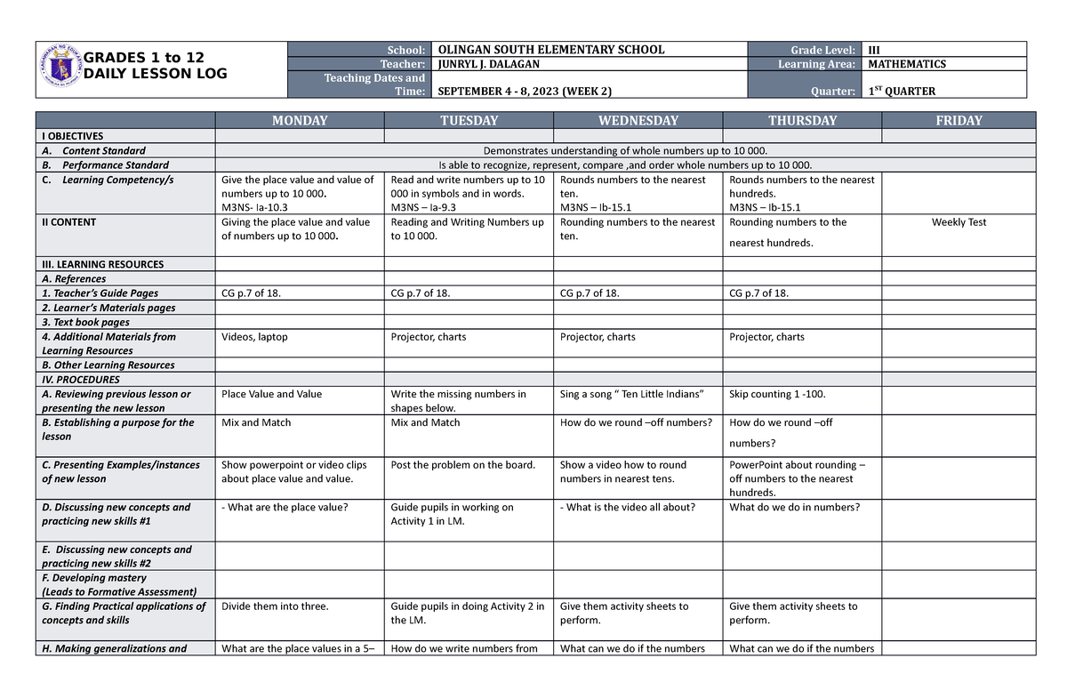 DLL Mathematics 3 Q1 W2 - Study - GRADES 1 to 12 DAILY LESSON LOG ...