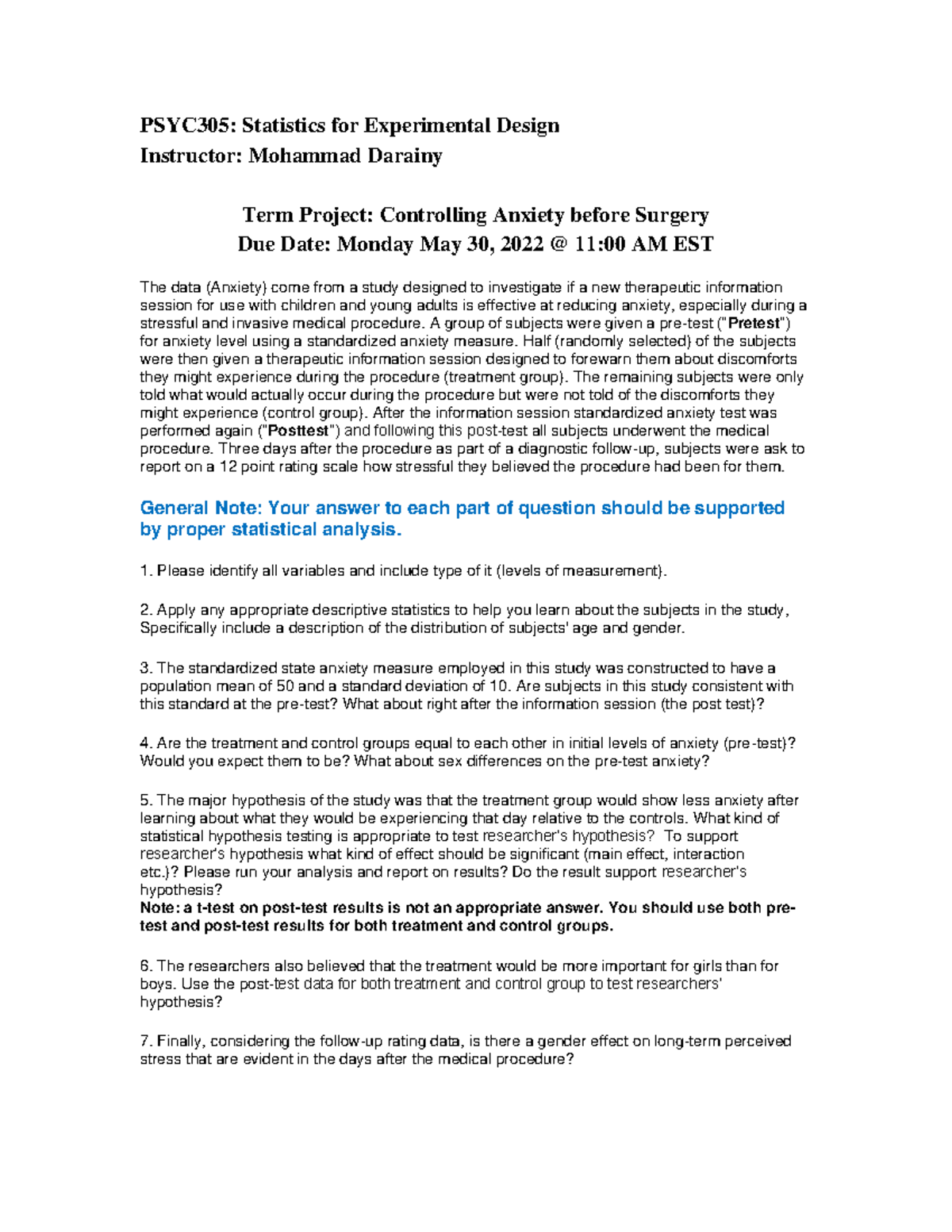 Term Project PSYC305 Statistics For Experimental Design Instructor