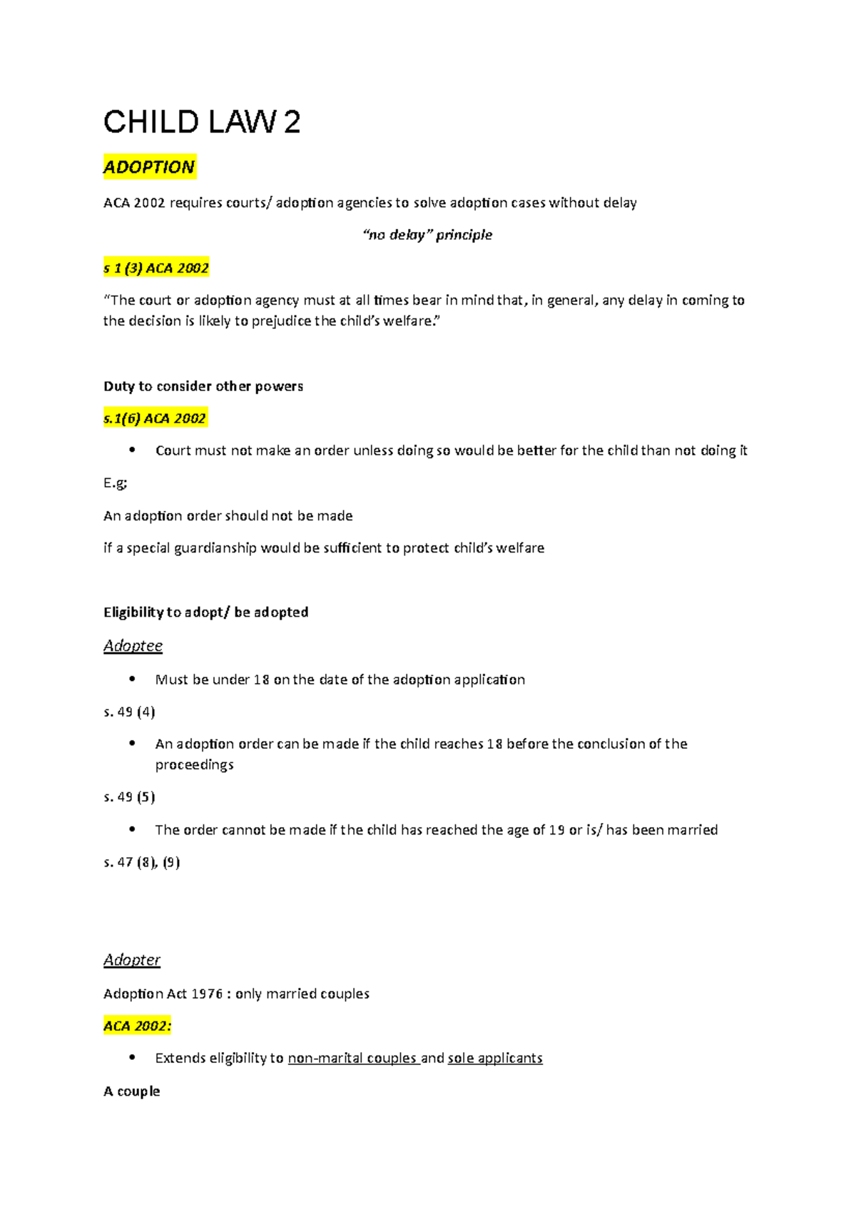 Child LAW 2 CHILD LAW 2 ADOPTION ACA 2002 requires courts/ adoption