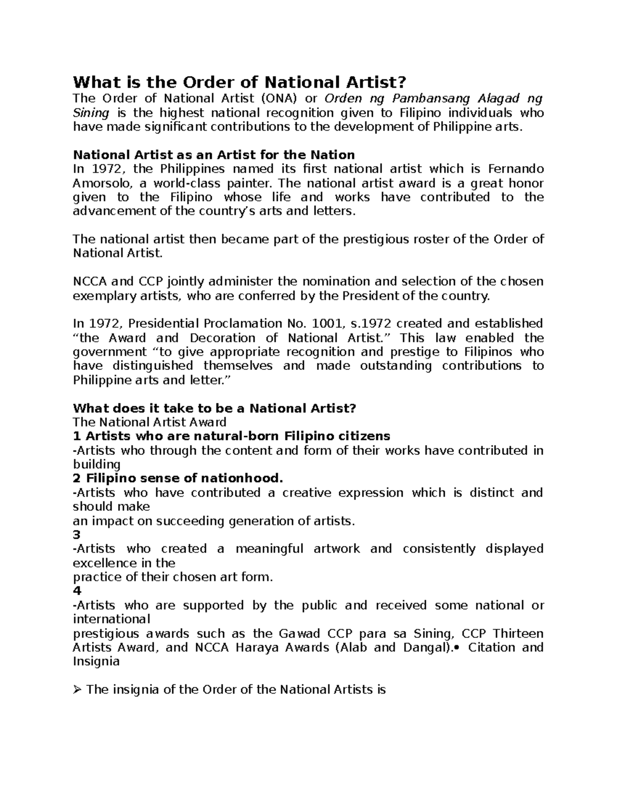 What is the Order of National Artist National Artist as an Artist for