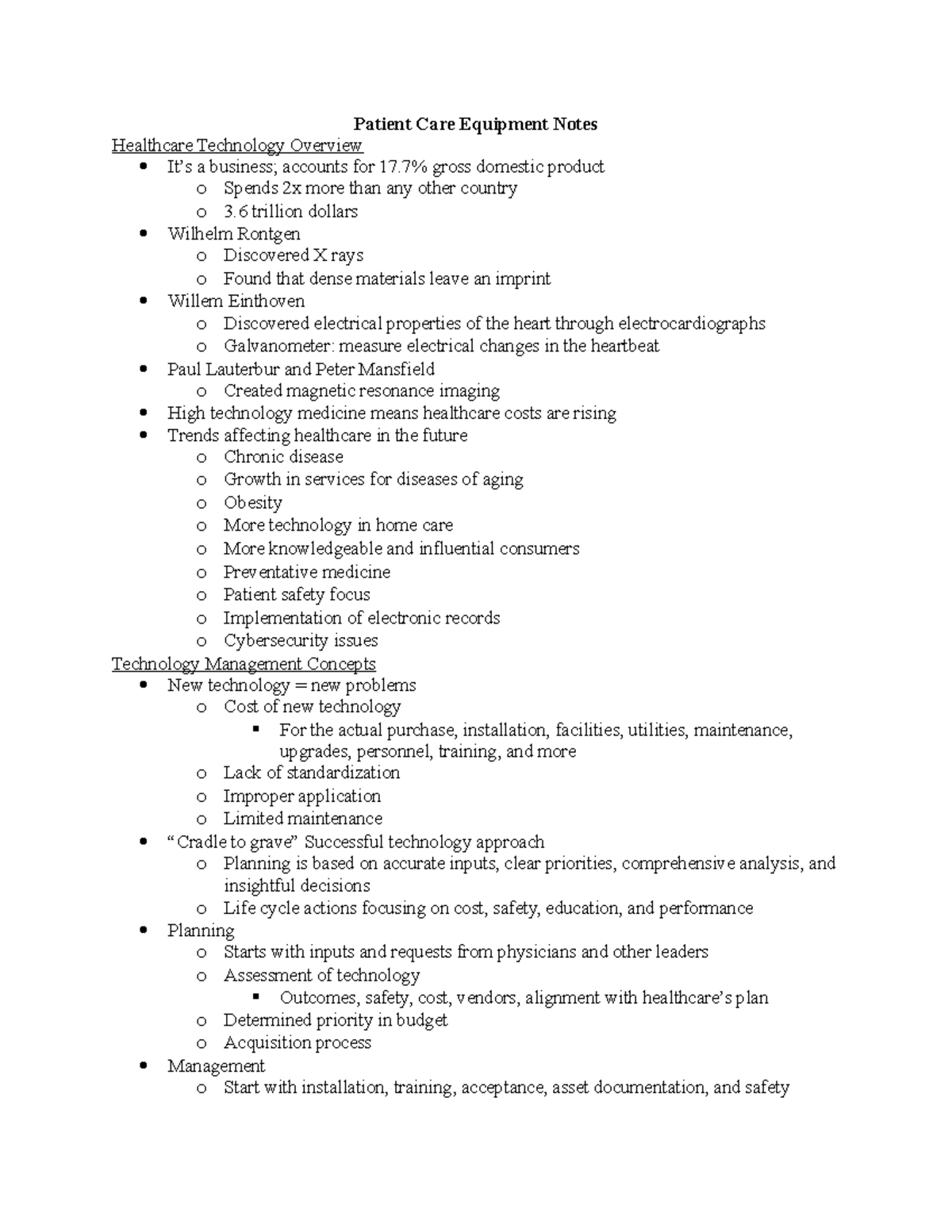 PCE 1 - Healthcare technology overview notes - Patient Care Equipment ...