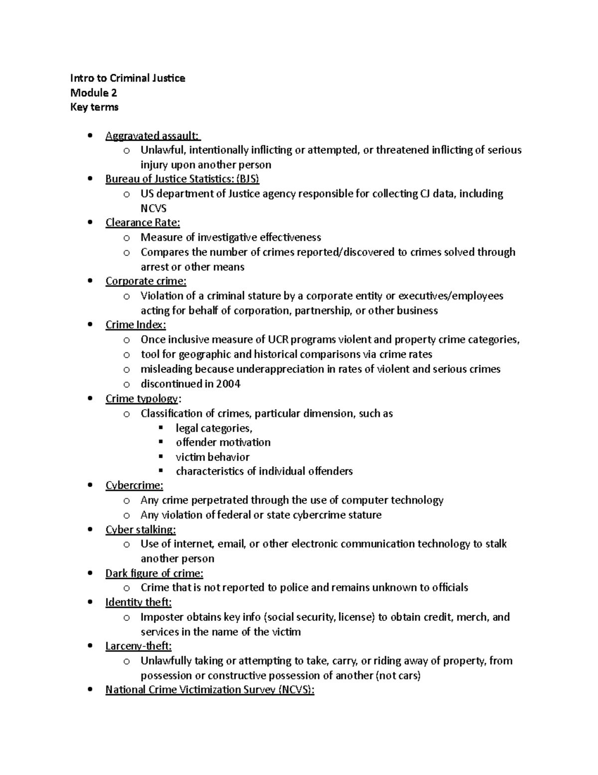 Into to crim mod 2 definitions for module 2 key terms intro to