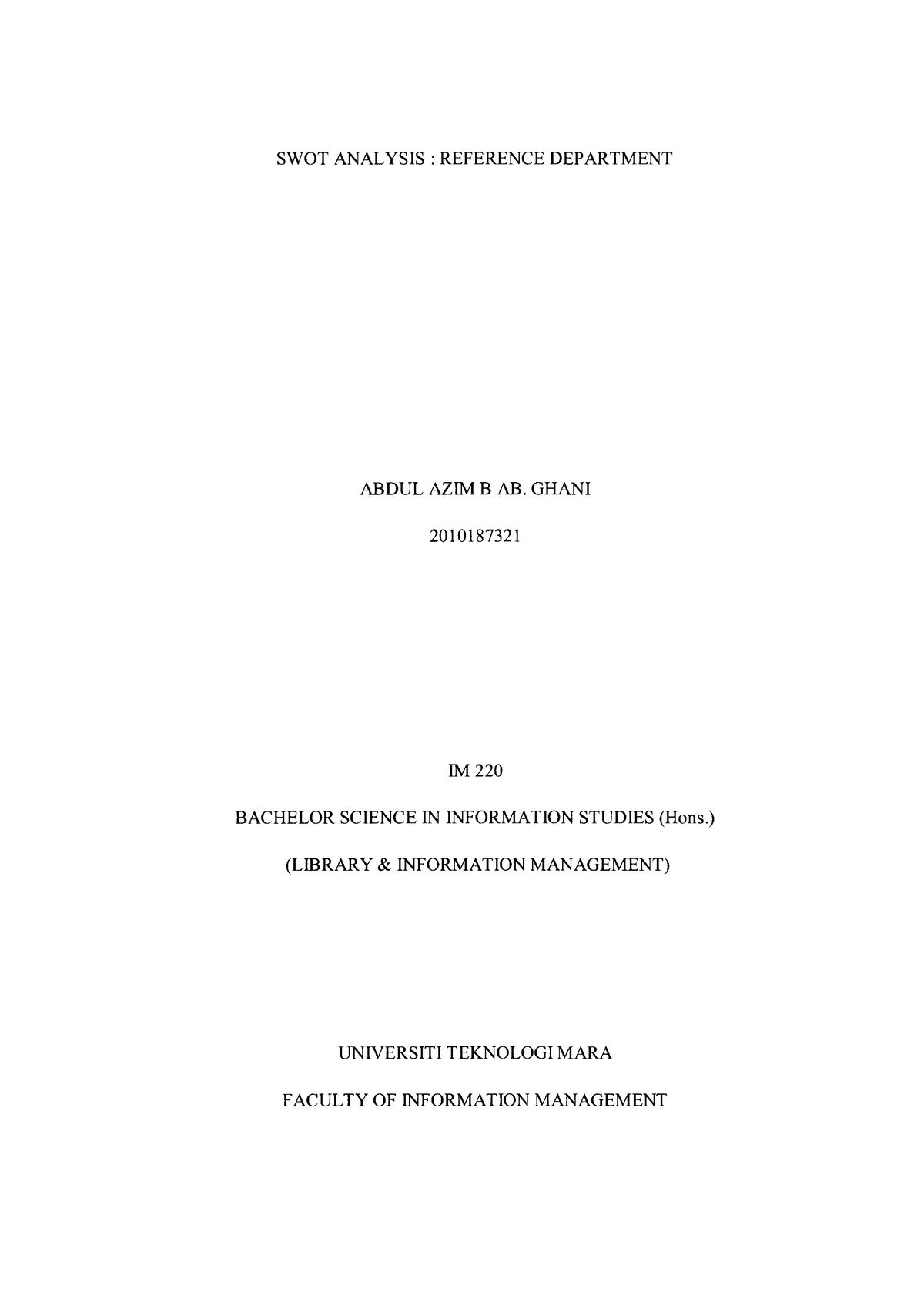 swot analysis assignment uitm