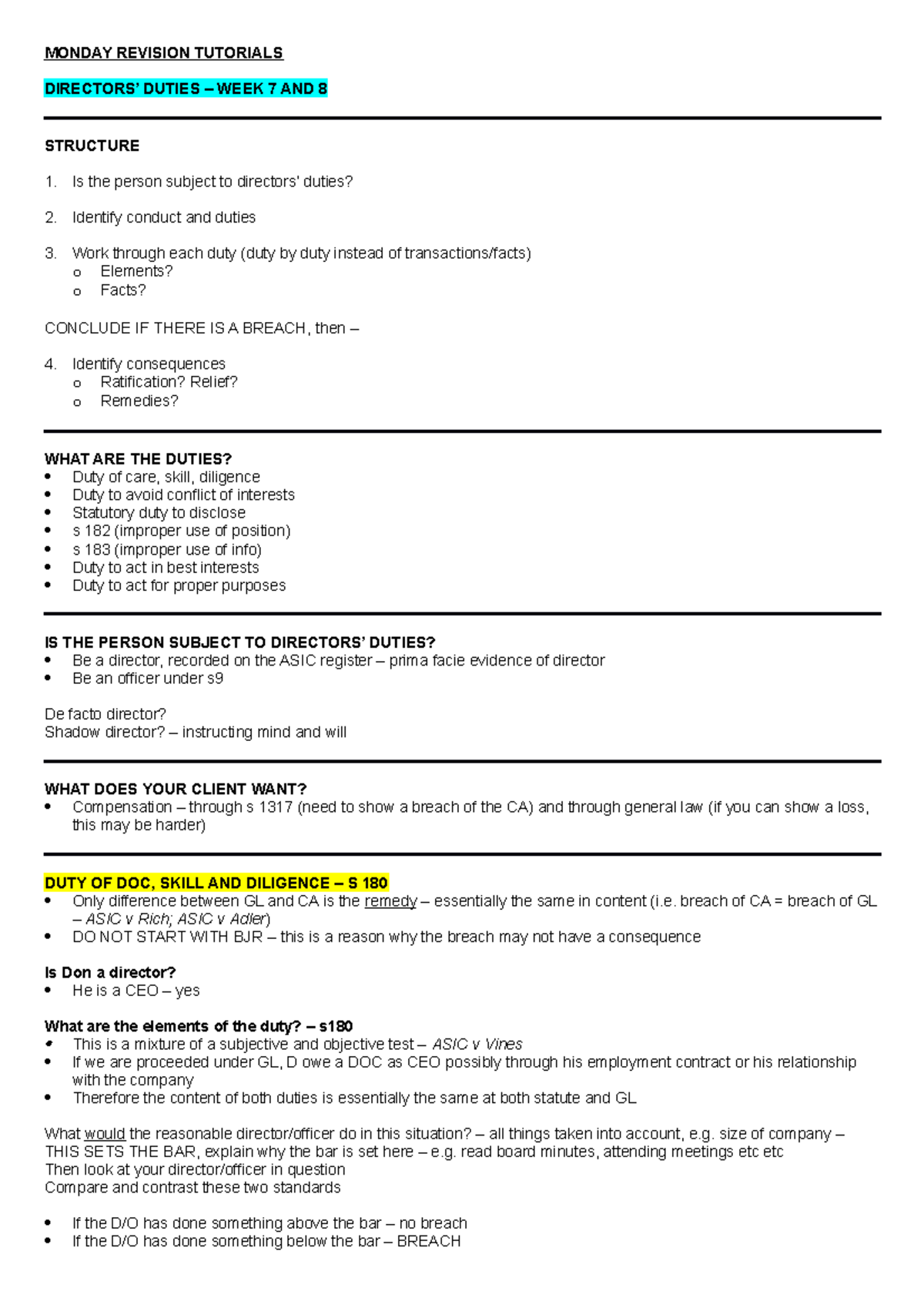 Revision Tutorial - MONDAY REVISION TUTORIALS DIRECTORS’ DUTIES – WEEK ...