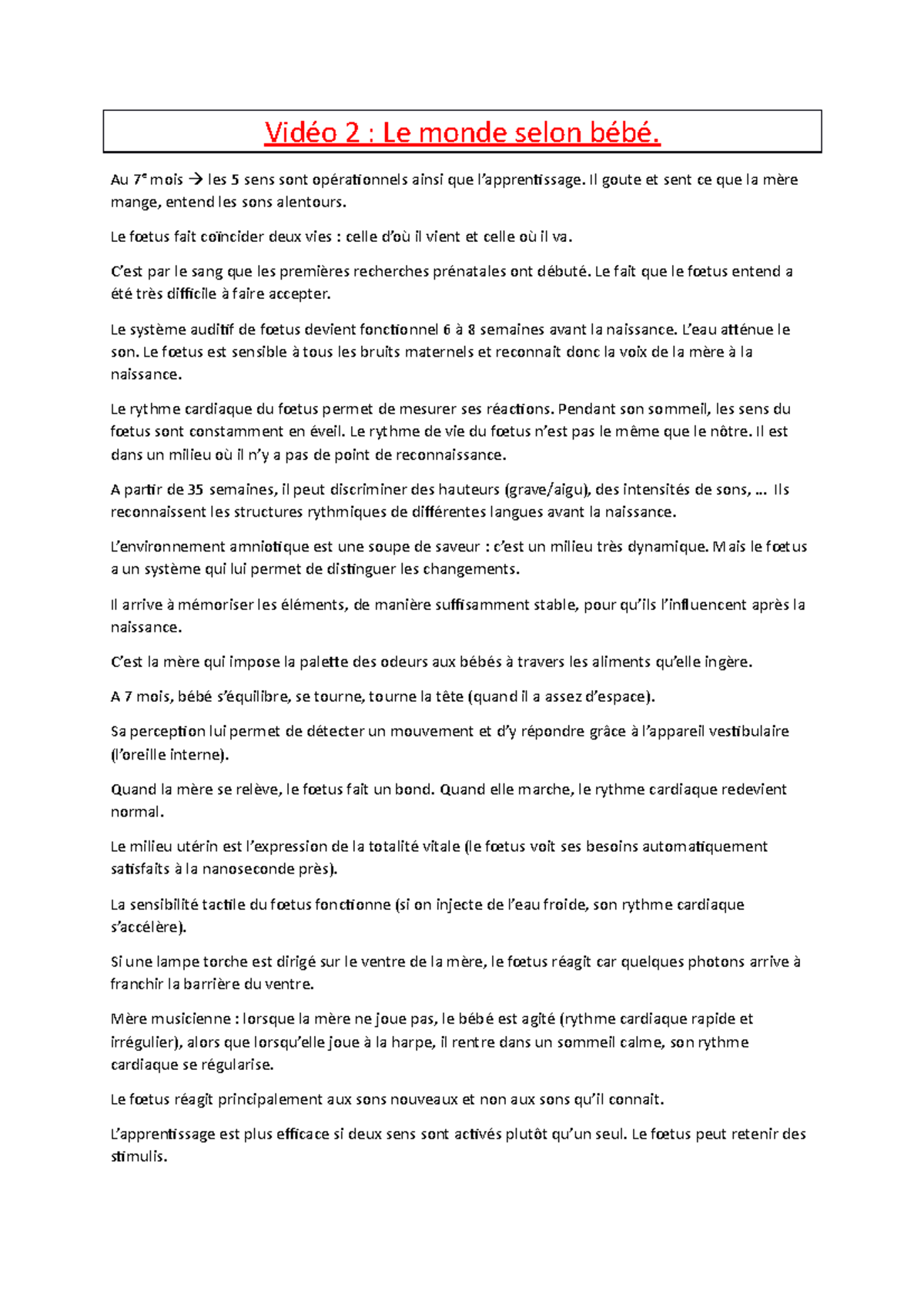 Video 2 Le Monde De Bebe Psychologie Du Developpement Upjv Studocu