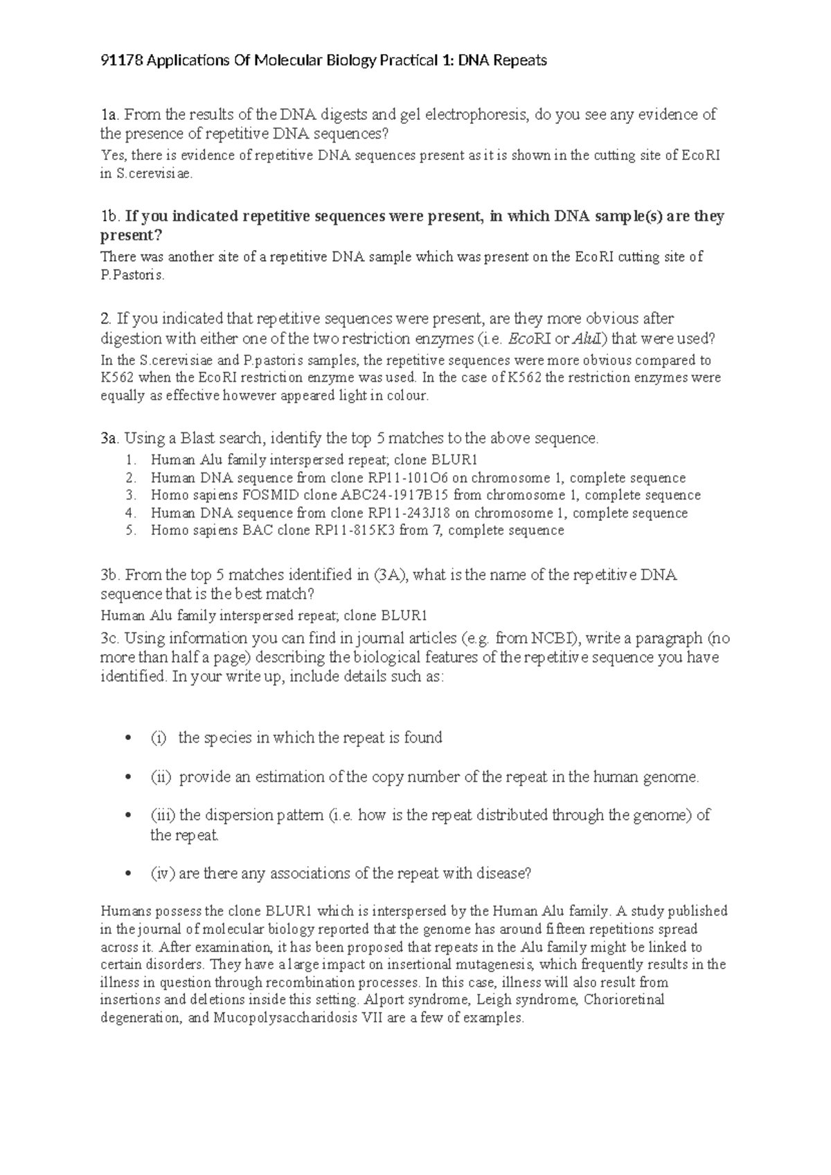 Applications of Molecular Biology Practical 1 DNA Repeats - 91178 ...