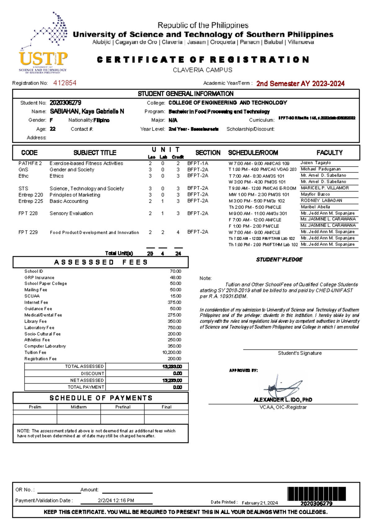 Student actual load ustp0LXdro SIOJ - C E R T I F I C A T E O F R E G I ...