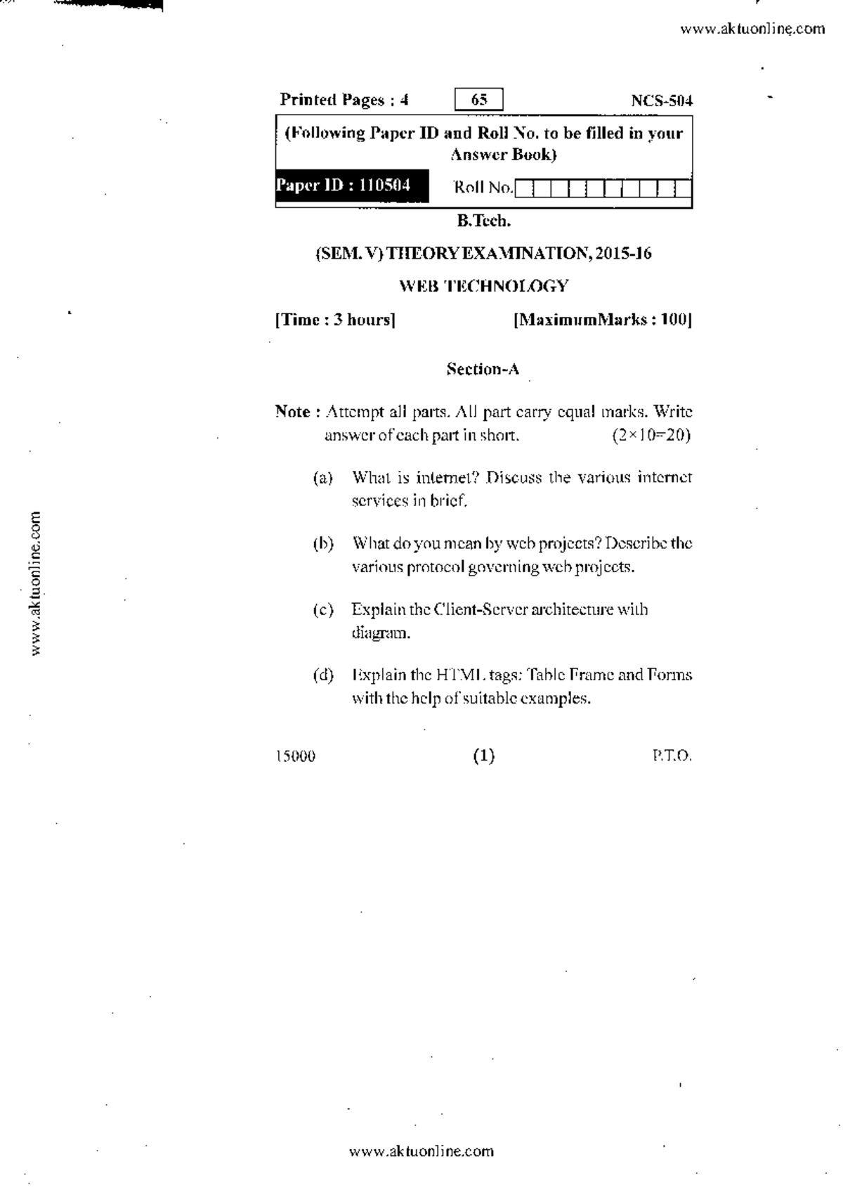 Btech cs 5 sem web technology ncs 504 2016 - Printed Pages : 4 NCS ...