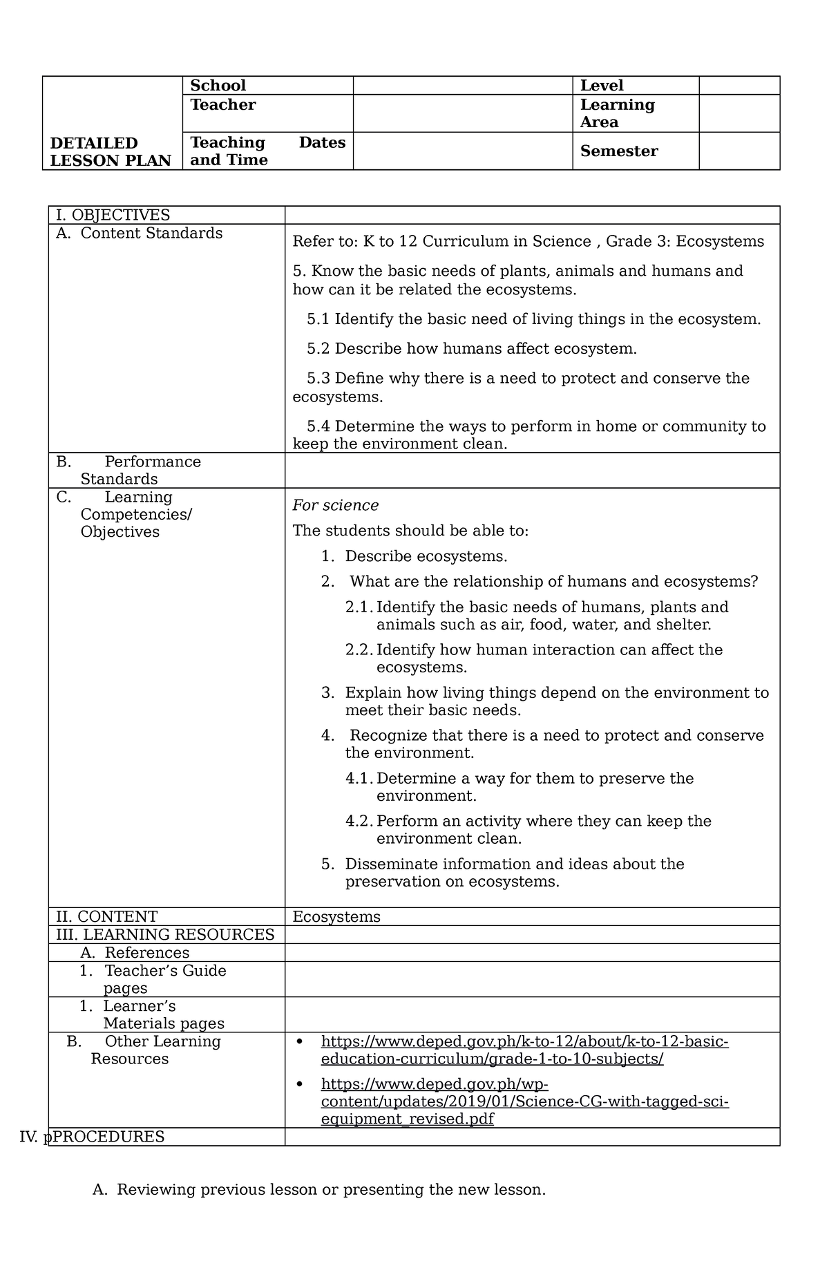 Science Ecosystem DLP - DETAILED LESSON PLAN School Level Teacher ...