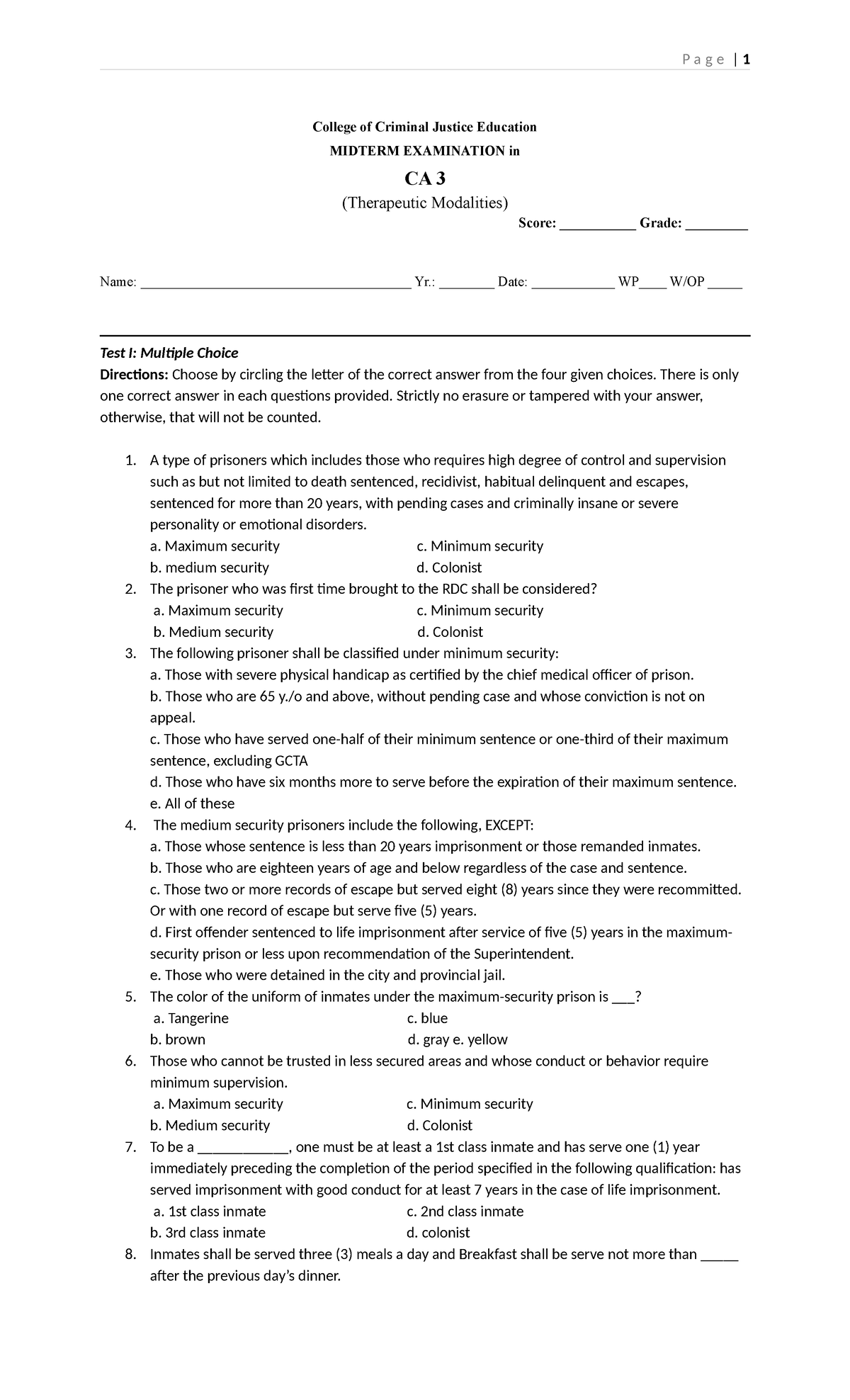 CA 3 Midterm EXAM - Examination Questions - P A G E | 1 College Of ...