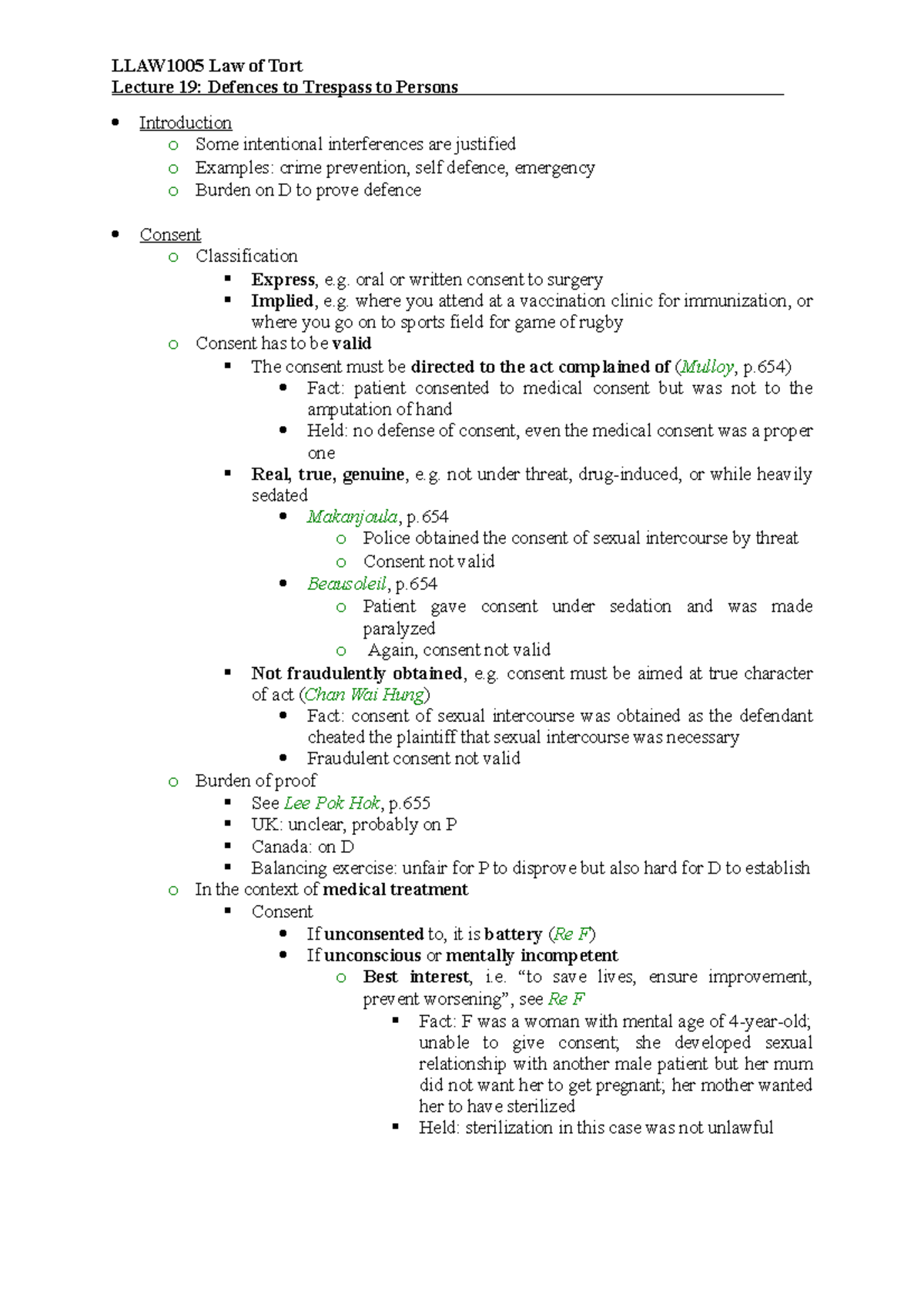 Tort L19 - Lecture notes 19 - LLAW1005 Law of Tort Lecture 19: Defences ...