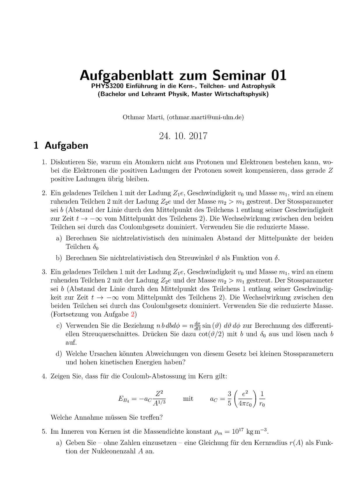 Aufgabenblatt 01 Zu Den Seminaren Vom 24. 10. 2018 Mit L”sungen ...