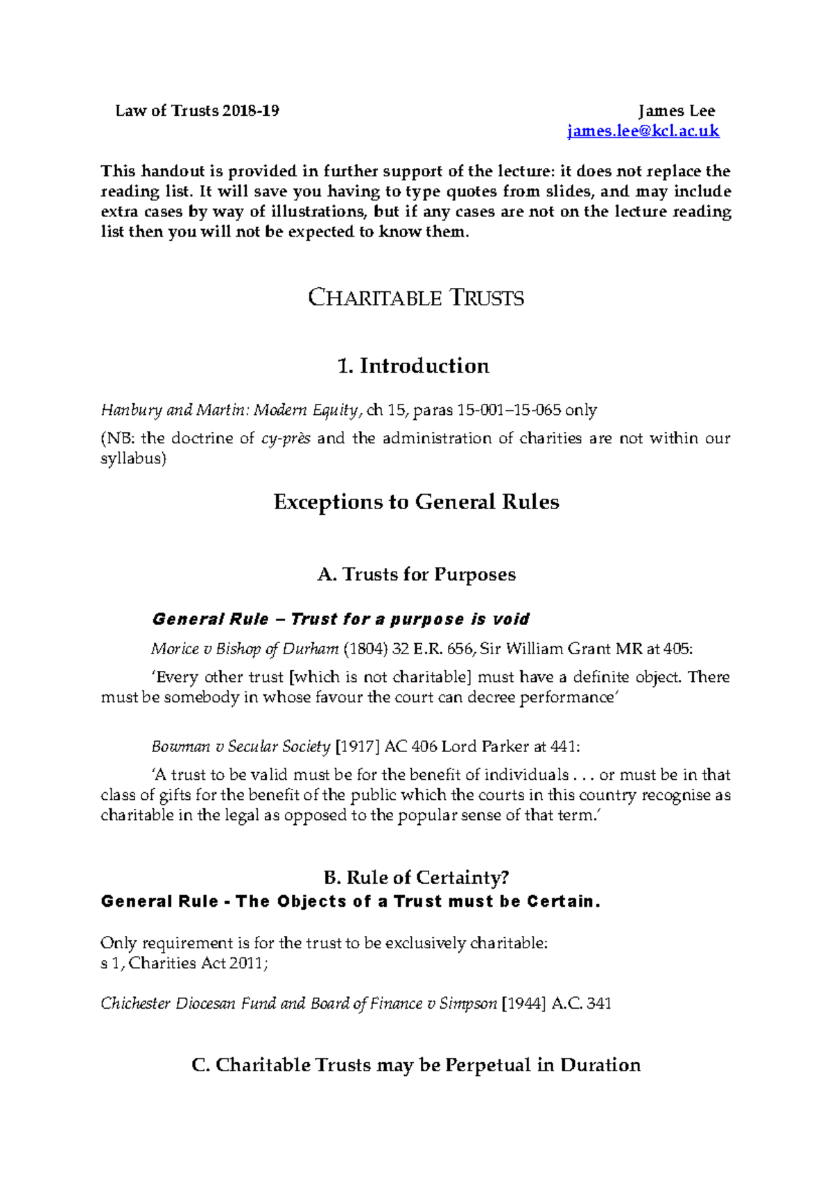 Charitable Purpose Handout - Law of Trusts 2018- James Lee james@kcl.ac ...