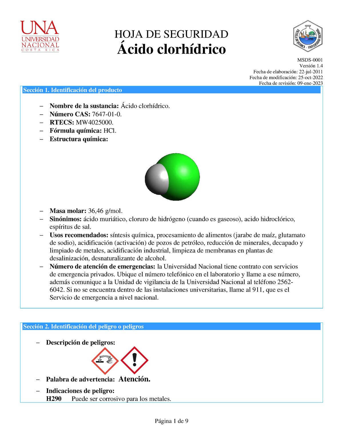 Ácido Clorhídrico 14 Actualizada Hoja De Seguridad Ácido Clorhídrico Msds Versión 1 Fecha 0276