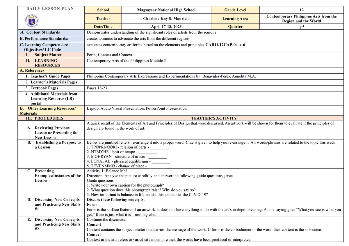 DLP CPAR 3rd Q - 11 - Contemporary ARts Daily Lesson Plan - DAILY ...