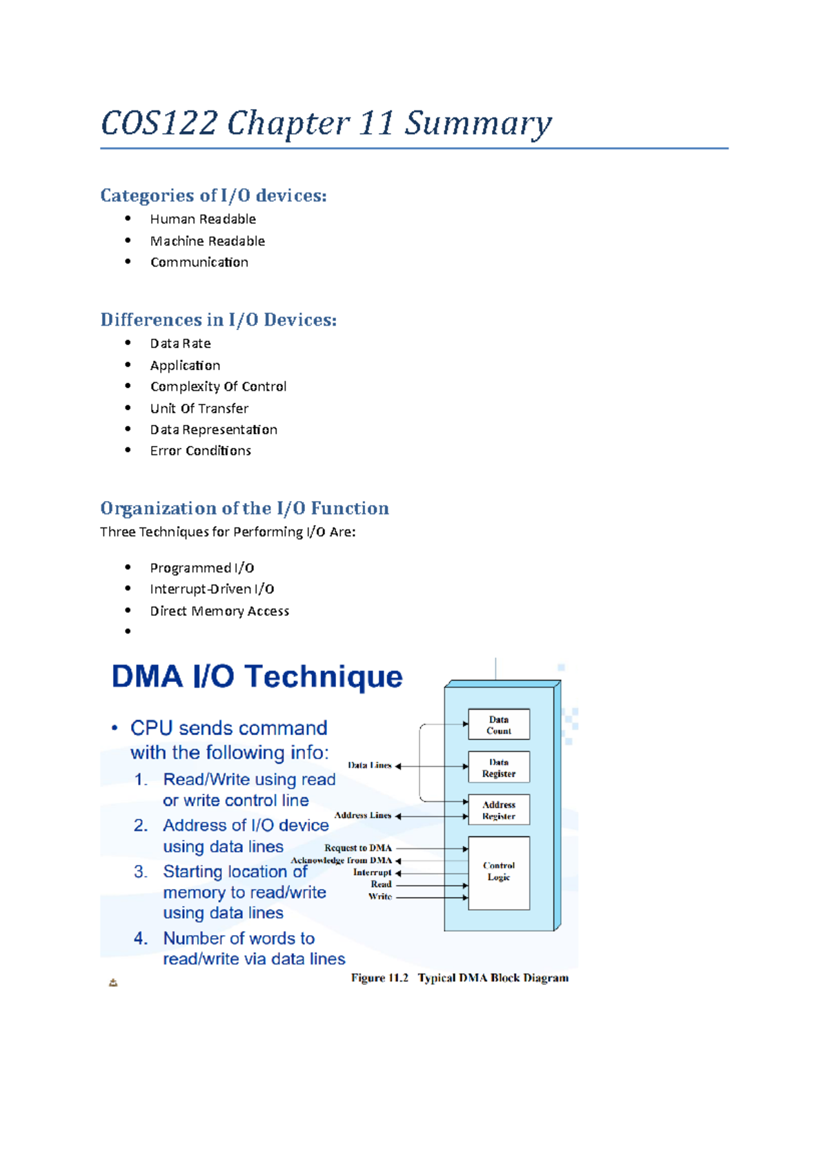COS122 Chapter 11 Summary - COS122 Chapter 11 Summary Categories of I/O ...