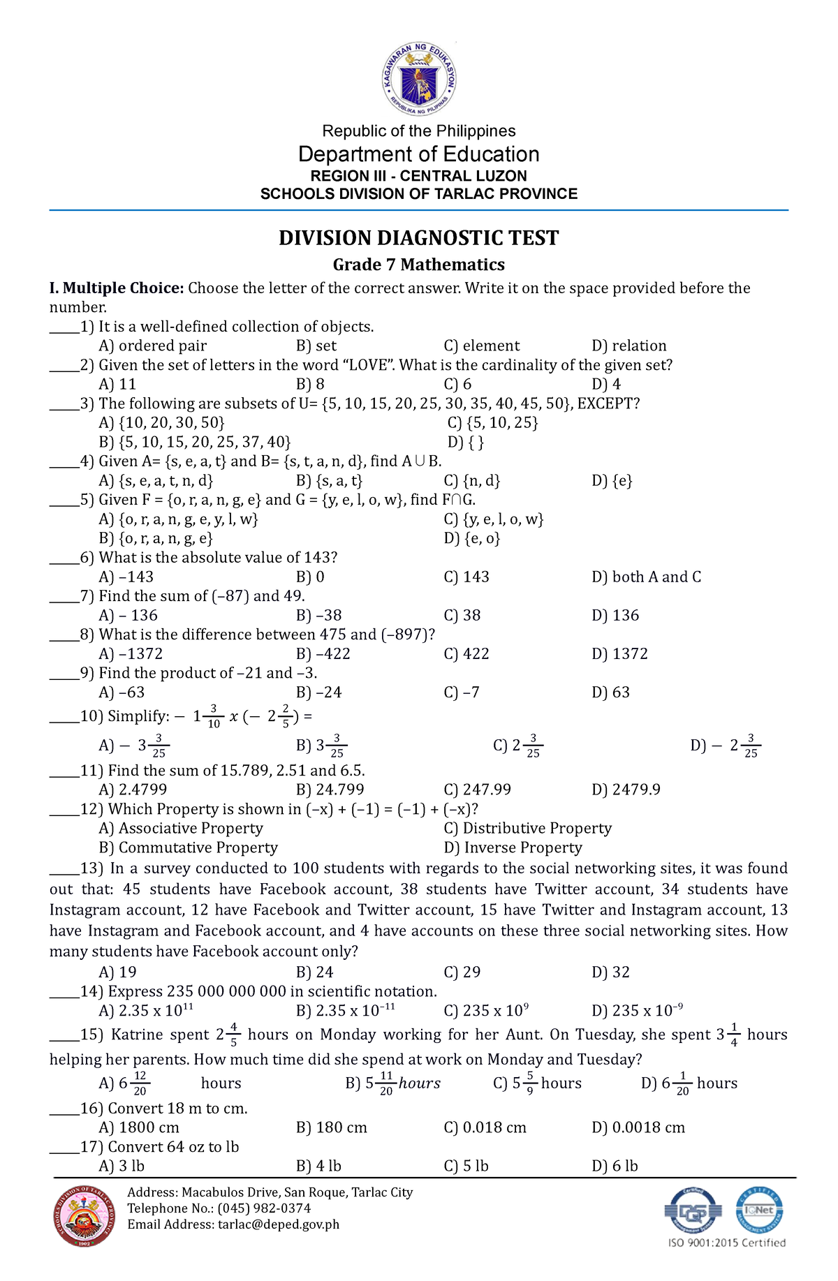 Diagnostic TEST-MATH 7 - Copy - Republic Of The Philippines Department ...